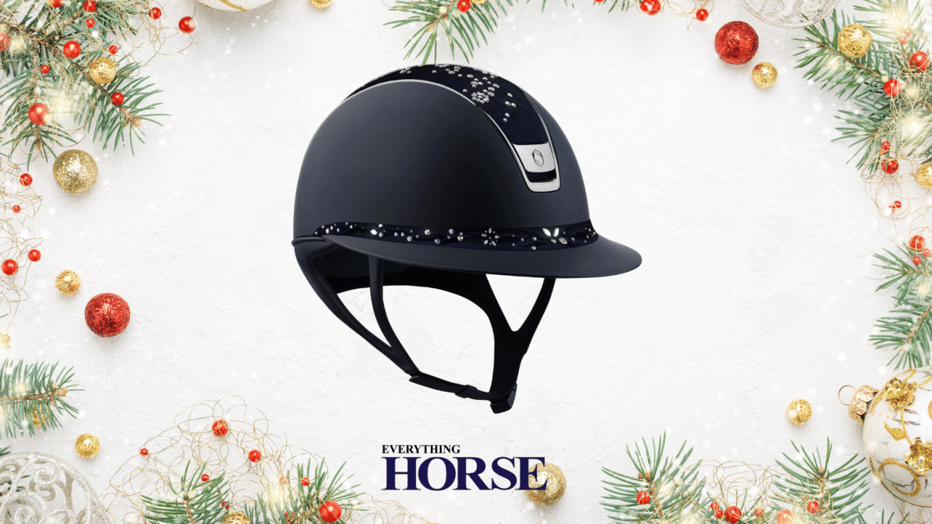 samshield Miss Shield Flower Swarovski hat on a christmas background with everything horse logo