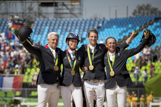 Roger Yves Bost, Penelope Leprevost, Kevin Staut and Philippe Rozier secured Olympic Jumping team gold for France for only the second time in the history of the Games at Deodoro Olympic Park in Rio de Janeiro (BRA) today. (Dirk Caremans/FEI)