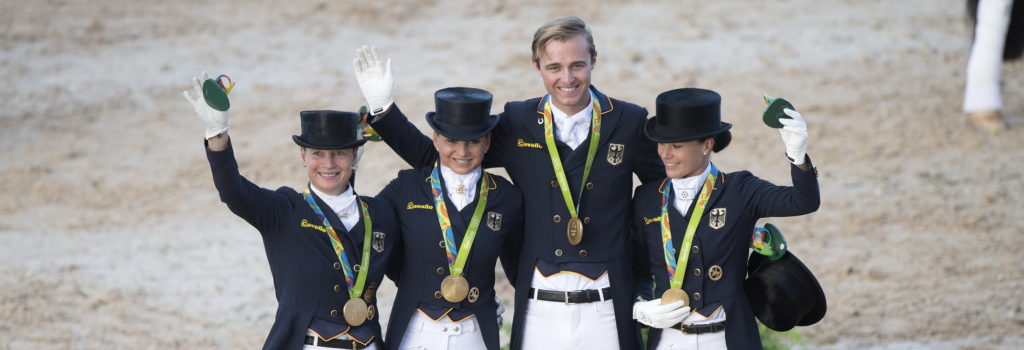 Team Germany took its 13th Olympic Dressage team gold today at Deodoro Olympic Park. L to R - Isabell Werth, Dorothee Schneider, Sönke Rothenberger and Kristina Bröring-Sprehe. (Richard Juillart/FEI)