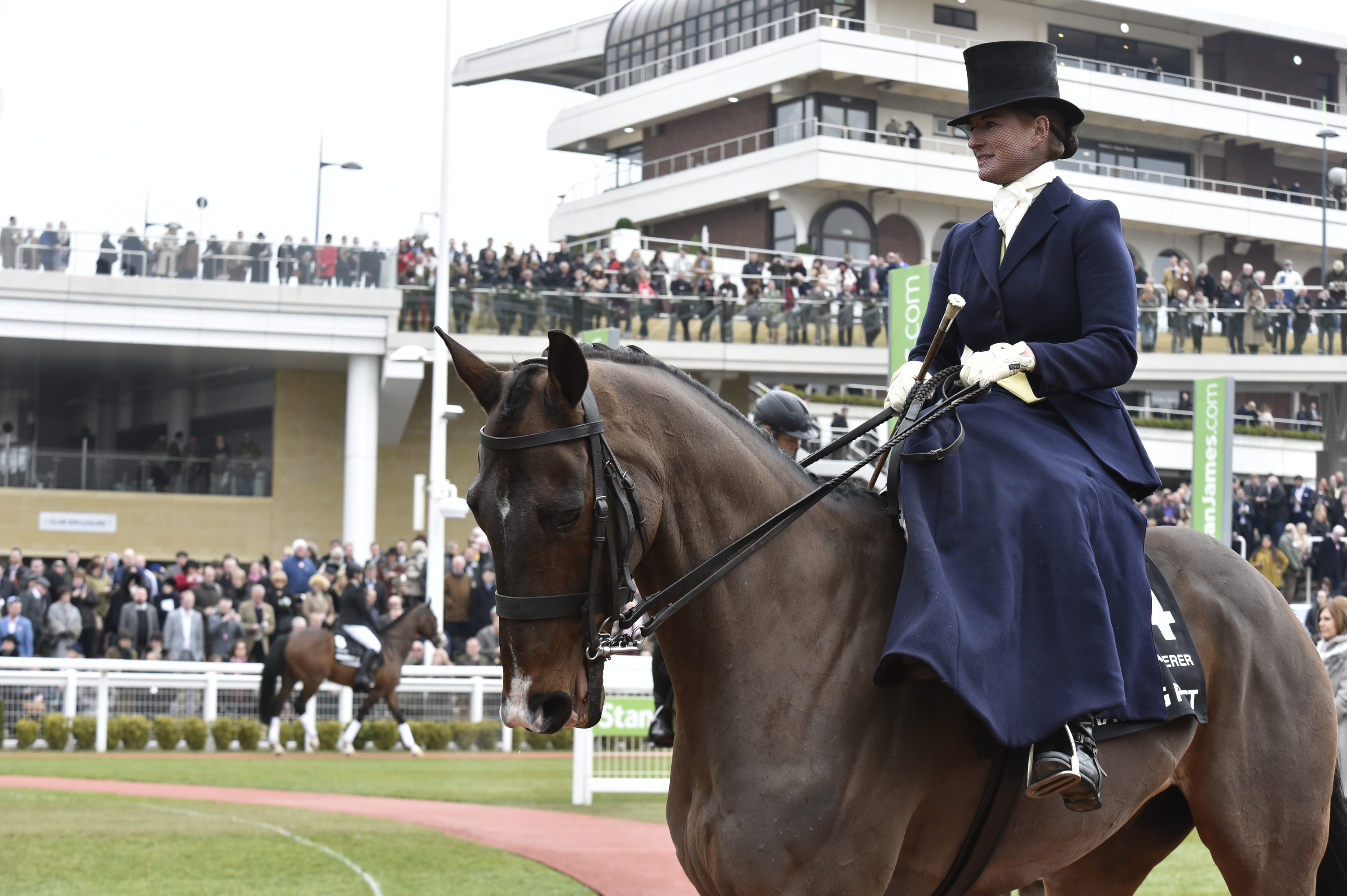 The Peter O’Sullevan Charitable Trust to sponsor RoR parades - Former Arkle Chase winner Forpadydeplasterer, seen ridden here side-saddle by Joanne Quirke, in the RoR Parade at the 2016 Cheltenham Festival
