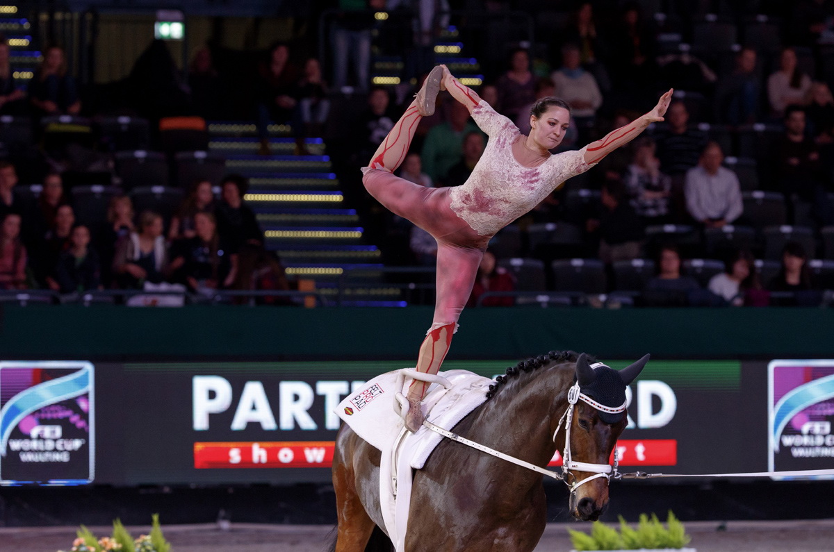Germany’s Kristina Boe put on a dominating display in her zombie characterisation on home soil last night in Leipzig at the FEI World Cup™ Vaulting to win the female category. Now all eyes will be on the Final in Dortmund on 2-5 March. (Stefan Lafrentz/FEI)