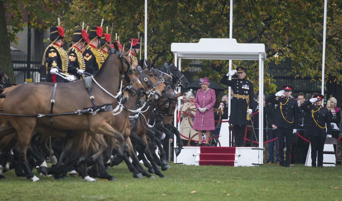 King's Troop Royal Horse Artillery - Pictured: Her Majesty The Queen watches the parade. image - Corporal Dek Traylor / MoD Crown