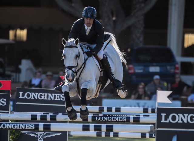 Andy Kocher (USA) with his horse Navalo de Poheton glide to victory recording a first time win in Del Mar today at the Longines FEI World Cup™ Jumping North American League qualifier. (FEI/Nick Souza)