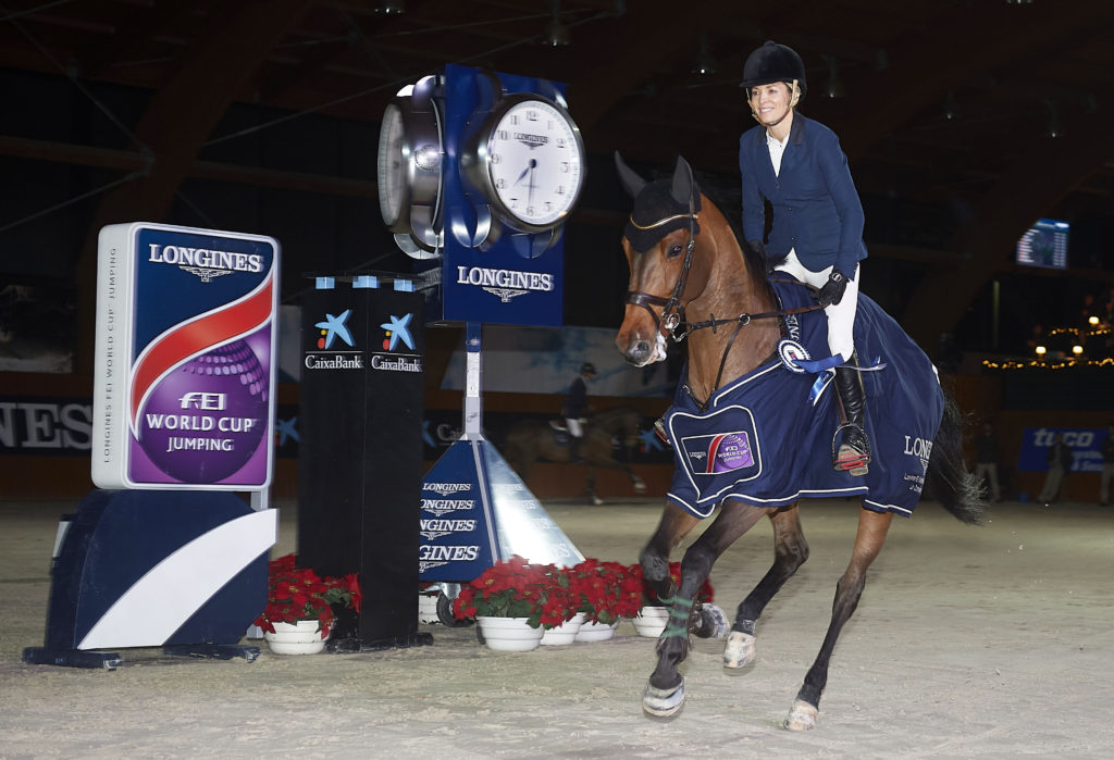 One happy lady! Australia’s Edwina Tops-Alexander celebrating victory with her lovely mare, California, in today’s seventh leg of the Longines FEI World Cup™ Jumping 2017/2018 Western European League series in La Coruna, Spain. (FEI/Manuel Queimadelos)