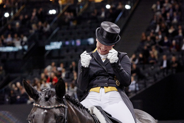 “Yes! We’ve done it again!” Germany’s Isabell Werth, the most medalled athlete in equestrian sport, celebrates victory with Weihegold at the FEI World Cup™ Dressage Final 2018 in Paris (FRA) today. (FEI/Liz Gregg)