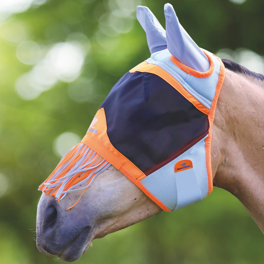 Shires FlyGuard Pro Air Motion Fly Mask With Ears & Fringe in black, orange and grey