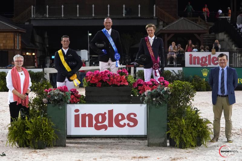 Tryon Resort Chief Operating Officer Sharon Decker, and Show Manager JP Godard congratulate the night's winning trio.