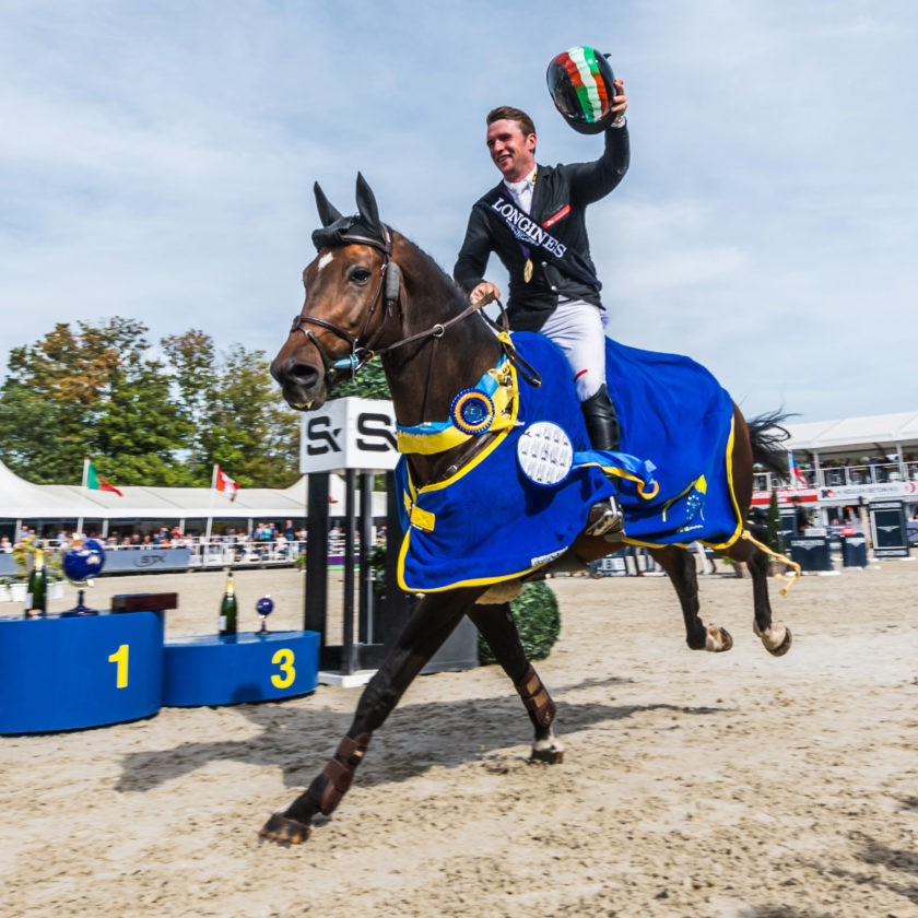 Richard Howley and Uppencourt Cappucino lead the victory parade after an Irish whitewash in the Five-Year-Old championship at the FEI WBFSH World Breeding Jumping Championships for Young Horses 2018 in Lanaken, Belgium today. (FEI/Jeroen Willems)