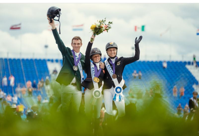 FEI World Equestrian Games™ Tryon left to right : Individual Eventing Podium:Silver Padraig McCarthy IRL,Gold Ros Canter GBR, Bronze Ingrid Klimke GER Photo FEI/Christophe Tanire