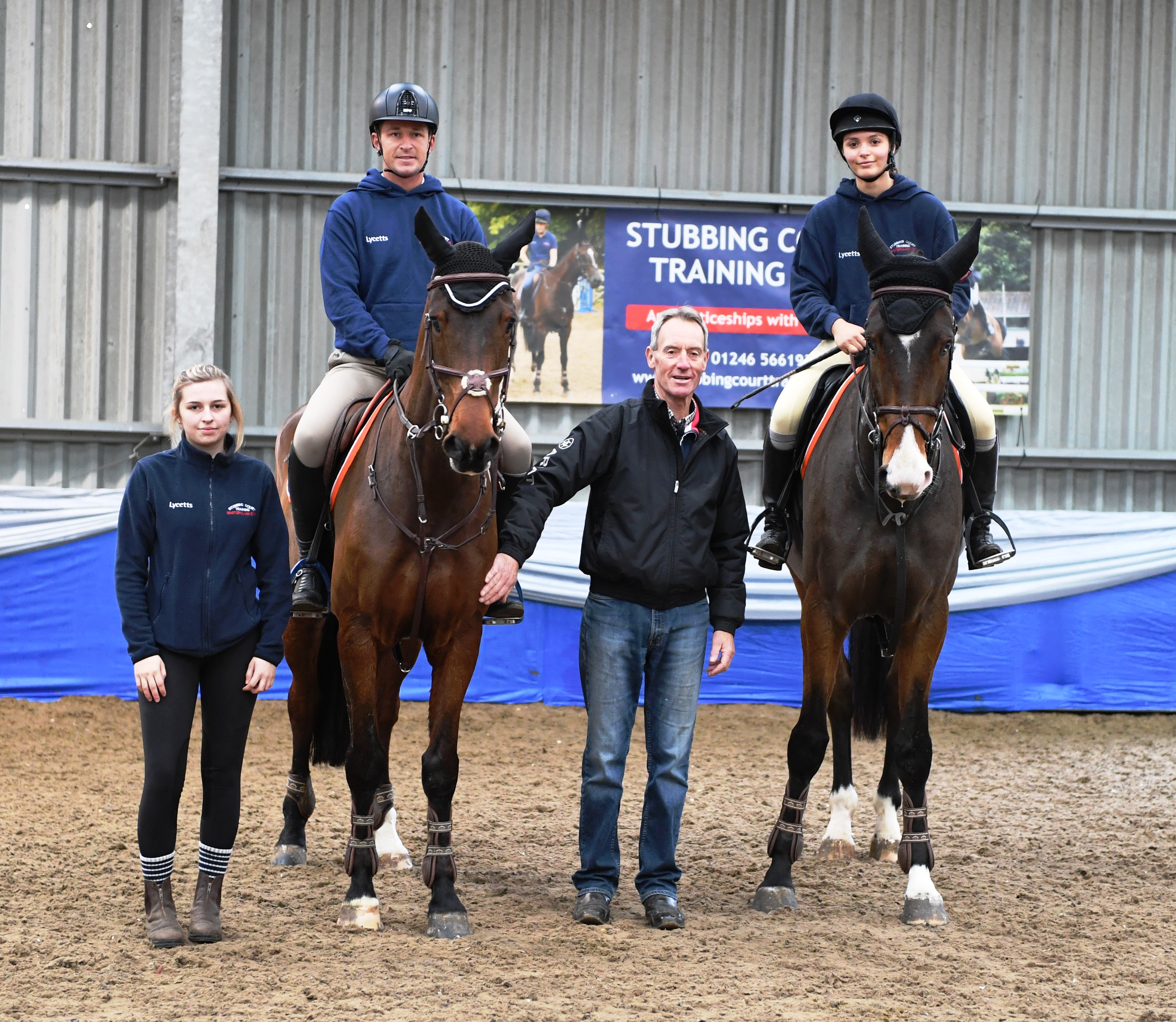 Adam Taylor with apprentices Rhiannon Pringle (mounted) and Shannon Trinder during the SCT Masterclass with Team GB coach Christopher Bartle