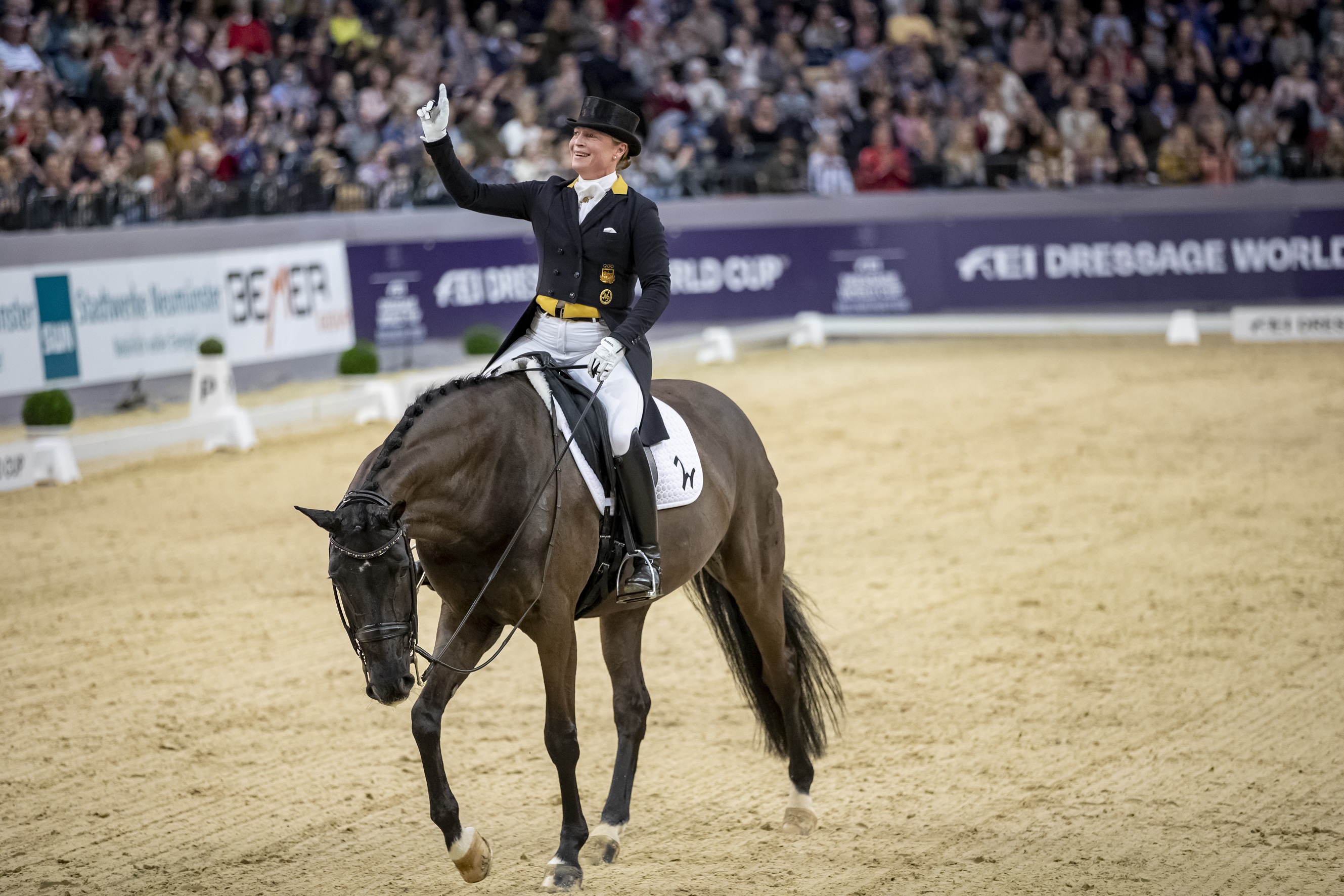 Defending series champion, Germany’s Isabell Werth, won today’s ninth and penultimate leg of the FEI Dressage World Cup™ 2018/2019 Western European League on home ground at Neumünster (GER) with her multi-medalled mare Weihegold. (FEI/Stefan Lafrentz)