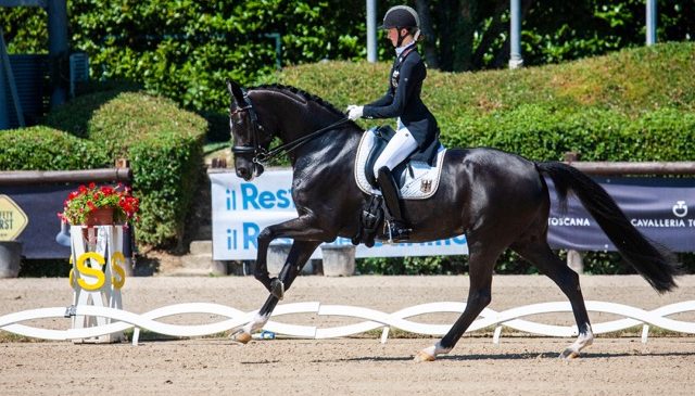 Germany’s Semmieke Rothenberger and Dissertation claimed Young Riders triple-gold at the FEI Dressage European Championships 2019 for U25, Young Riders, Juniors and Children at San Giovanni in Marignano, Italy, where German riders dominated. (FEI/Riccardo Di Marco)