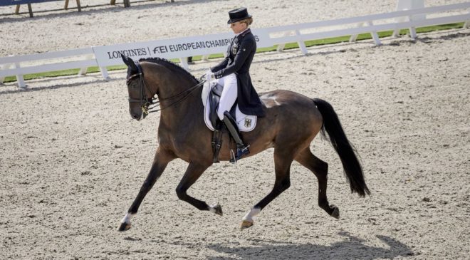 Oh yes it’s Showtime alright as Dorothee Schneider’s leading score with her fabulous gelding secured the advantage for Germany on the opening day today, as they chase down their 24th team title at the Longines FEI Dressage European Championships 2019 in Rotterdam, The Netherlands. (FEI/Liz Gregg)