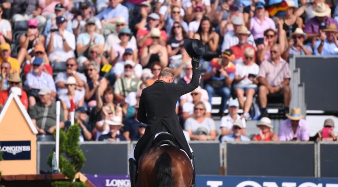 Double Olympic champion Michael Jung (GER) with his ride fischerChipmunk FST put in an outstanding performance today taking the lead at the end of the Dressage phase at the Longines FEI European Eventing Championship Luhmühlen (GER). (FEI/ /Oliver Hardt for Getty images)