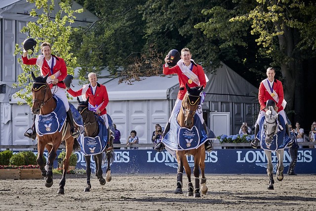 Team Belgium celebrate their Gold medal victory at the Longines FEI European Jumping Championship 2019 - Rotterdam Copyright FEI / Liz Gregg