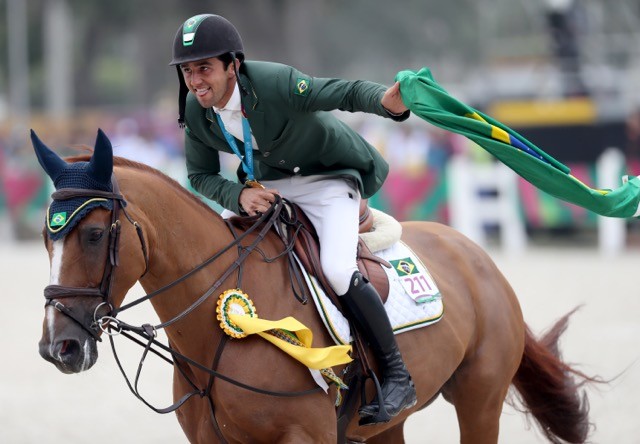 Marlon Modolo Zanotelli (BRA) celebrates after winning individual gold at the Pan American Games 2019, taking place at the Army Equitation School at La Molina in Lima, Peru today (FEI/Raul Sifuentes, Getty Images)