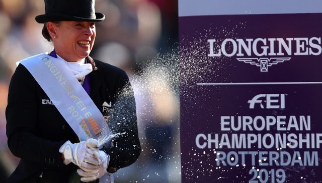 All fizzed up after the Freestyle - Germany’s Isabell Werth celebrates her third gold medal of the week following today’s Freestyle victory with Bella Rose at the Longines FEI Dressage European Championships 2019 in Rotterdam, The Netherlands. (FEI/Dean Mouhtaropoulos/Getty Images)