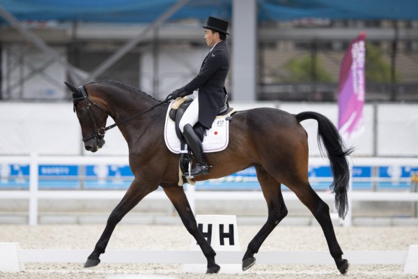 Japan’s Yoshiaki Oiwa riding Bart L JRA takes the early lead after today’s Dressage phase at the Ready Steady Tokyo test event. (FEI/Yusuke Nakanishi)``