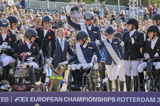 The Netherlands take gold in front of their home crowd in the team competition at the Longines FEI Para Dressage European Championships Rotterdam (NED) on Saturday 24 August. (FEI / Liz Gregg)