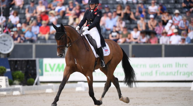 Laura Collett of Great Britain riding London 52 holds the individual top spot after day one of Dressage at the Longines FEI Eventing European Championships 2019 Luhmühlen (GER). (FEI/Oliver Hardt for Getty images)