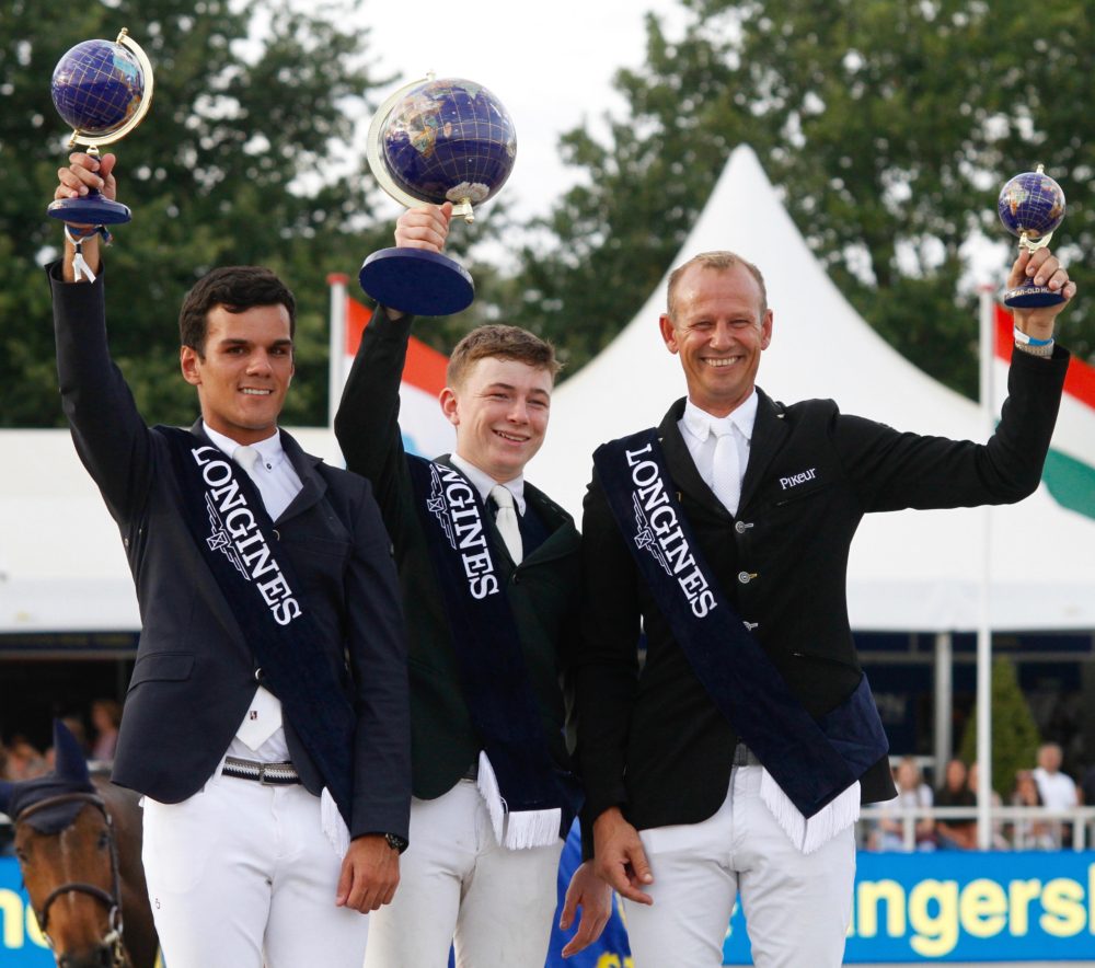The winning podium for seven year olds. Seamus Hughes-Kennedy (IRL) Gold, Victor Mariano Luminatti (BRA) Silver and Marco Kuicher (GER) Bronze at the FEI WBFSH Jumping World Breeding CH for Young Horses Lanaken, Belgium Copyright © FEI/Nanna-Riikka Nieminen