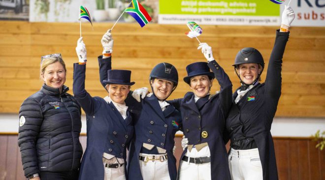 South Africa claimed the final team ticket for Dressage at the Tokyo 2020 Olympic Games in the Group F qualifier at Exloo, The Netherlands tonight. (L to R) Ingeborg Sanne, Tanya Seymour, Nicole Smith, Laurienne Dittmann and Gretha Ferreira. (FEI/Leanjo de Koster)