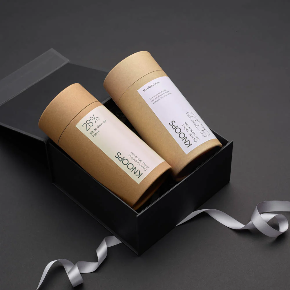 luxury hot chocoalte tupbes in a black box from Knoops