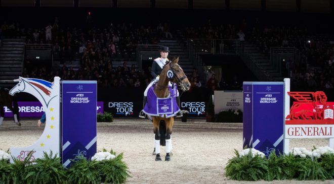 Germany’s Isabell Werth showed exactly why she is known as The Queen of international dressage when, on her debut in the 2019/2020 FEI Dressage World Cup™ Western European League at the second leg in Lyon, France, she produced yet another of her right-royal victories riding Emilio. (FEI/Eric Knoll)
