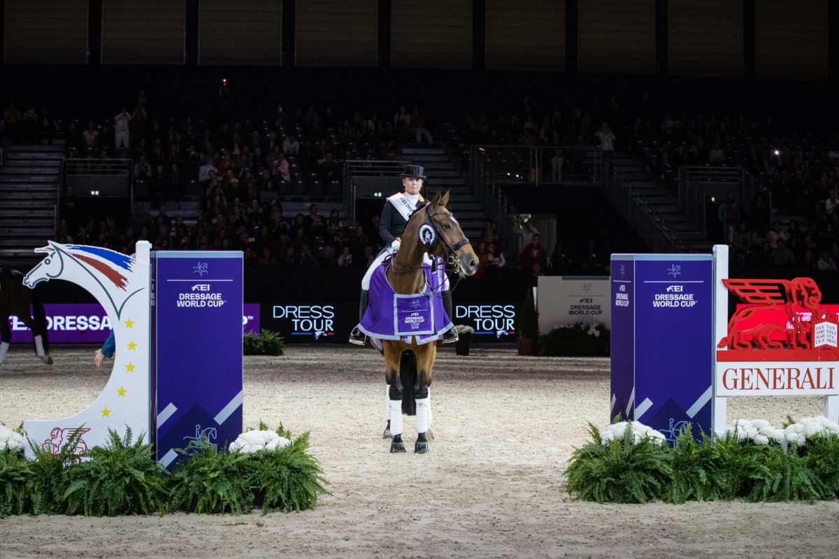 Germany’s Isabell Werth showed exactly why she is known as The Queen of international dressage when, on her debut in the 2019/2020 FEI Dressage World Cup™ Western European League at the second leg in Lyon, France, she produced yet another of her right-royal victories riding Emilio. (FEI/Eric Knoll)