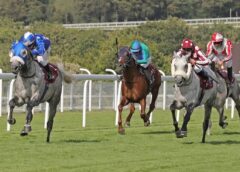 Ebraz (GB) and Maxime Guyon (left) win the 2019 Qatar International Stakes (Gr1PA) from Tayf (FR) and Olivier Peslier (right) (C) Debbie Burt