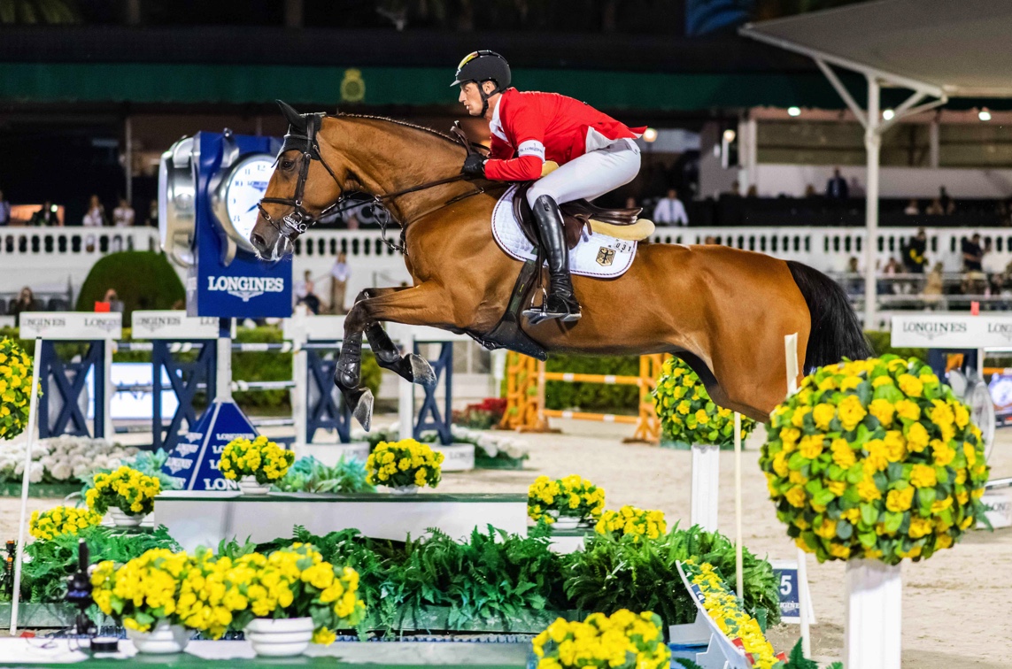 World number one, Daniel Deusser, helped Team Germany top the first round of the Longines FEI Jumping Nations Cup™ Final 2021 at the Real Club de Polo in Barcelona, Spain today with a superb clear round from Killer Queen VDM. (FEI/Łukasz Kowalski)