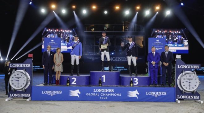 Podium finish for Spencer smith with Chrisitan Ahlmann 2nd and Jur Vrieling Photo: Longines Global Champions Tour
