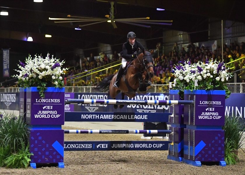 Conor Swail (IRL) and Vital Chance de la Roque winners of the Longines FEI Jumping World Cup™ Sacramento (USA) on Saturday, 9 October 2021. (FEI/Julia B Photography)