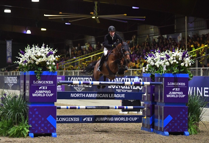 Conor Swail (IRL) and Vital Chance de la Roque winners of the Longines FEI Jumping World Cup™ Sacramento (USA) on Saturday, 9 October 2021. (FEI/Julia B Photography)