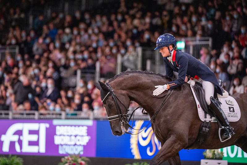Charlotte Fry (GBR) riding Dark Legend to second place at the FEI Dressage World Cup™ 2021/2022 Western European League - London (GBR) Copyright ©FEI/Jon Stroud
