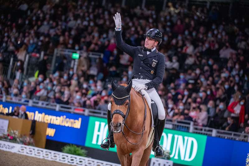 Frederic Wandres (GER) riding Duke of Britain FRH to third place at the FEI Dressage World Cup™ 2021/2022 Western European League - London (GBR) Copyright ©FEI/Jon Stroud