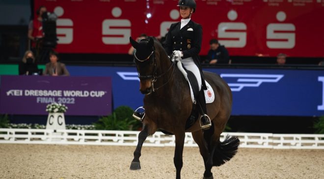 Reigning Olympic and European gold medallists, 36-year-old Jessica von Bredow-Werndl and her 15-year-old mare TSF Dalera BB, strutted their way into pole position in the Short Grand Prix when the FEI Dressage World Cup™ Final 2022 got underway in Leipzig, Germany tonight. (FEI/Richard Juilliart)