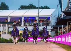 The lap of honour, from left to right - Thamar Zweistra and Hexagon’s Ich Weiss, Lynne Maas and Eastpoint, Emmelie Scholtens and Indian Rock, and Dinja van Liere with Hermes of the Netherlands - winners of the FEI Dressage Nations Cup™ 2022 - Rotterdam (NED) (FEI/Shannon Brinkman)