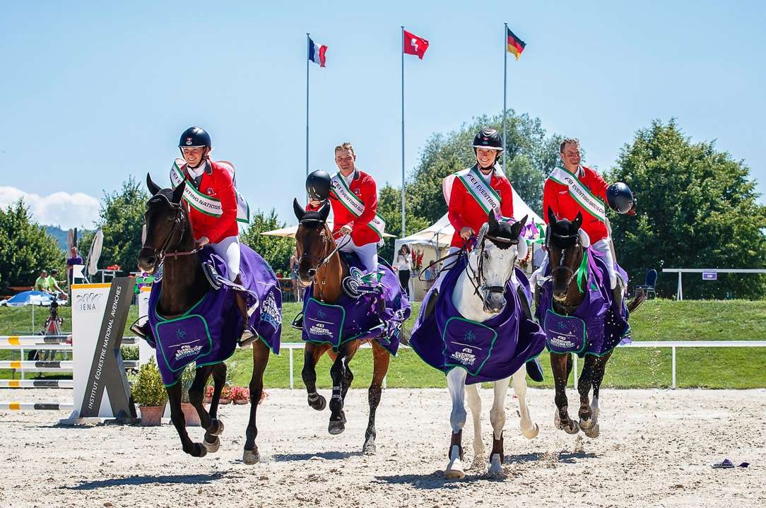 Team Switzerland take the win for the CCIO4*-S FEI Nations Cup Eventing - Switzerland. Nadja Minder and Kabuga, Melody Johner and Troubleu de Rueire, Robin Godel and Grandeur de Lully CH, Patrick Ruegg and Fifty Fifty. Copyright ©FEI/Libby Law
