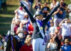 Great Britain’s Yasmin Ingham celebrates individual gold with Banzai du Loir on the final day of the FEI Eventing World Championship 2022 at Pratoni del Vivaro, Italy today. (FEI/Massimo Argenziano)