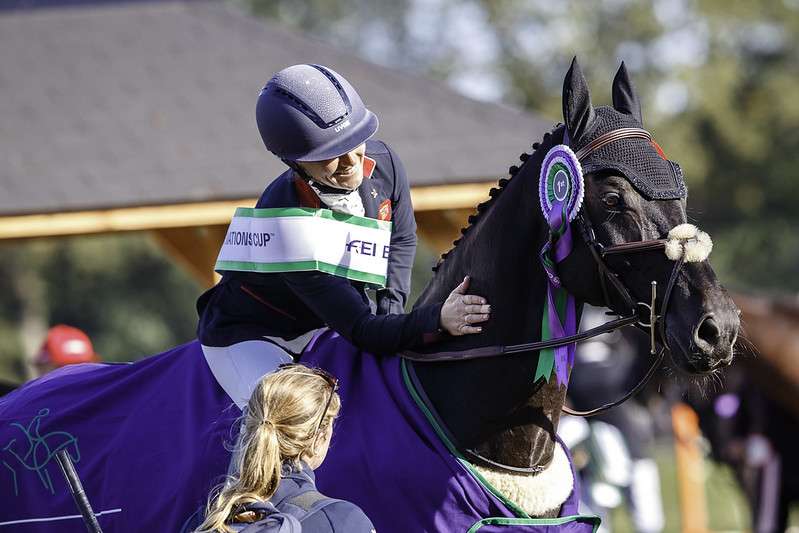 Laura Collett rides Dacapo during the Prizegiving for the CCIO4*-L - FEI Nations Cup Eventing Final. 2022 NED-Military Boekelo-Enschede Horse Trial. Boekelo, Netherlands. Sunday 9 October. Copyright Photo: Libby Law Photography