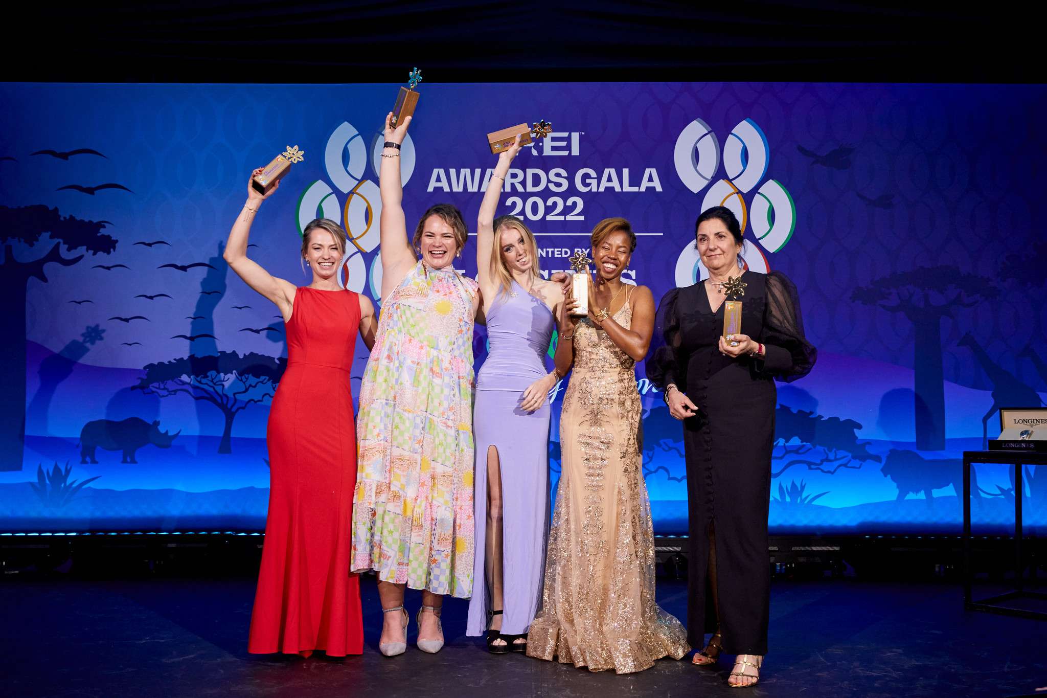 FEI Awards Gala 2022 Presented by Longines, Cape Town, South Africa. Charlotte Fry (GBR), Kerryn Edmans (NZL), Alice Casburn (GBR), Muthoni Kimani (KEN) and Dianne Smith (SA). Taken on 13 November 2022. Copyright of Liz Gregg / FEI