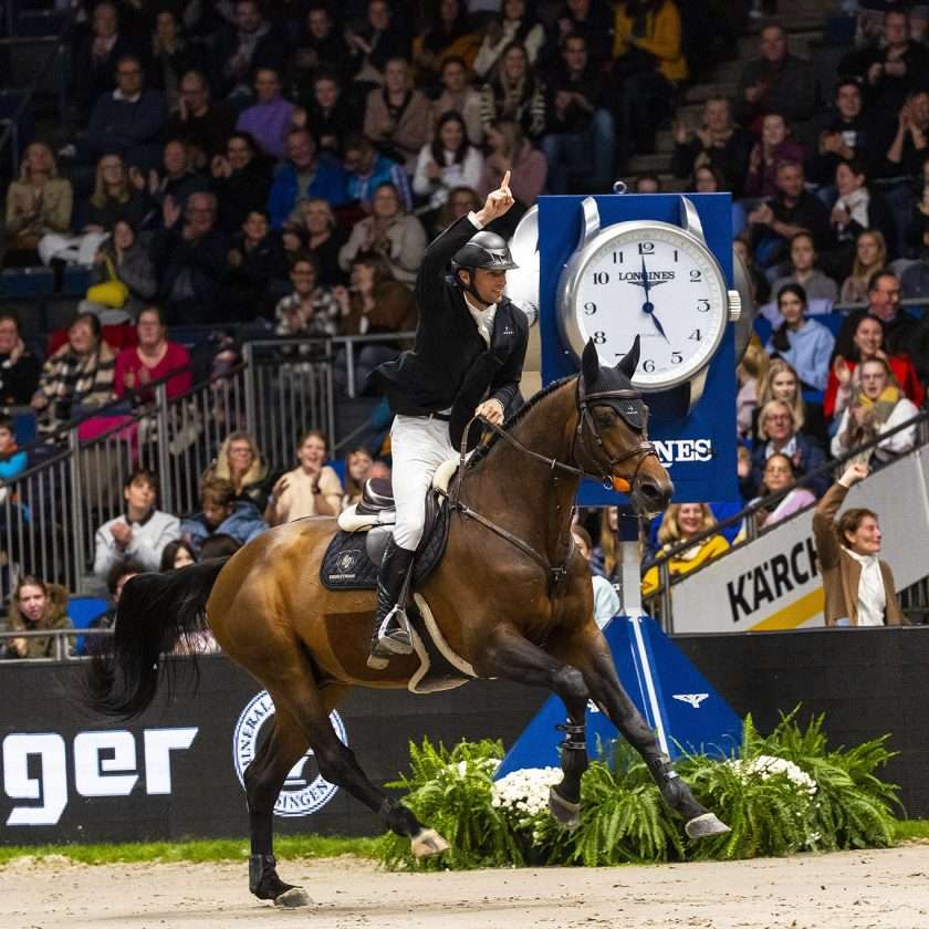 Germany’s Richard Vogel and United Touch S celebrating victory in today’s Longines FEI Jumping World Cup™ 2022/2023 Western European League qualifier in Stuttgart (GER). (FEI/Leanjo de Koster)