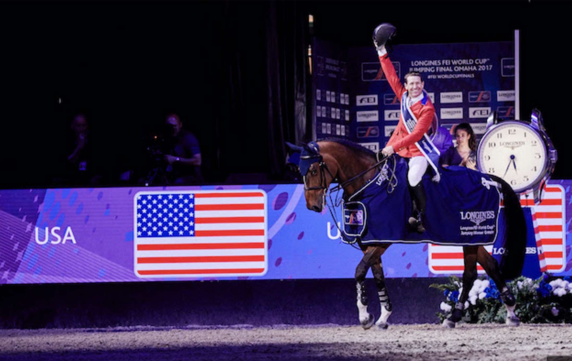 McLain Ward (USA) celebrating with his mount HH Azur at the FEI World Cup™ Finals 2017