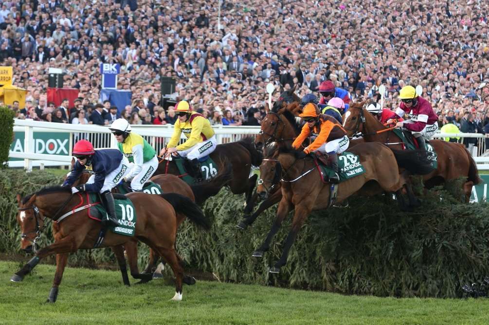 Grand National Runners with horses jumping cross country fence
