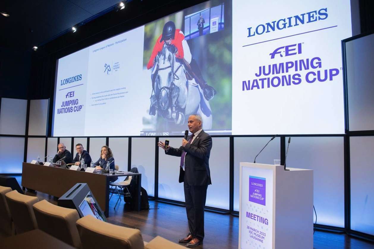 Left to Right Stephan Ellenbruch, Chair of the FEI Jumping Committee, Ralph Straus, FEI Commercial Director, Sabrina Ibáñez, FEI Secretary General and Ingmar de Vos, FEI President, during the Longines FEI Jumping Nations Cup™ Task Force Meeting held in Lausanne (SUI) on Tuesday 28 March 2023. Photo credit: FEI / Richard Juilliart