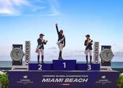 Katrin Eckermann in 1st place on the podium at the Longines Global Champions Tour Grand Prix in April 2022