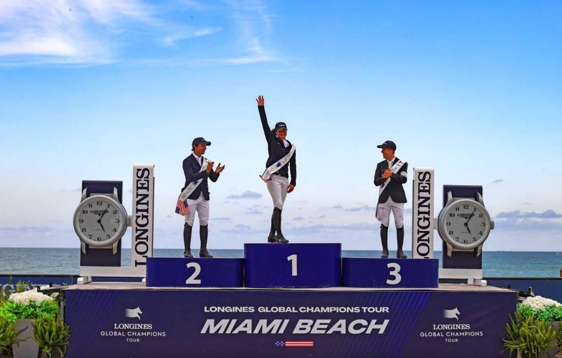 Katrin Eckermann in 1st place on the podium at the Longines Global Champions Tour Grand Prix in April 2022