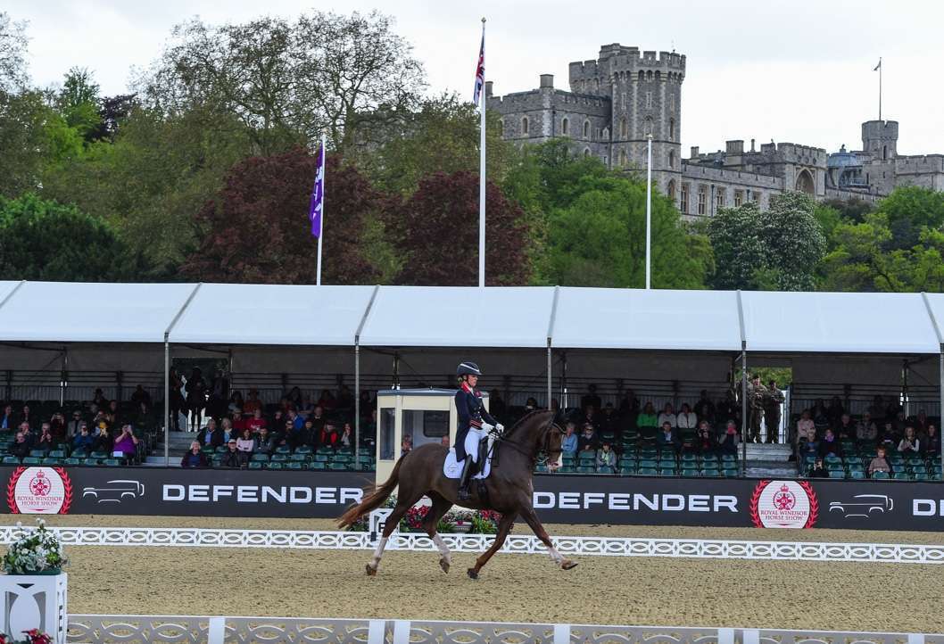 Charlotte Dujardin and Imhotep competing in The Defender CDI4* FEI Dressage Grand Prix in front of an exclusive audience on the first day of Royal Windsor Horse Show @RoyalWindsorHorseShow/Peter Nixon