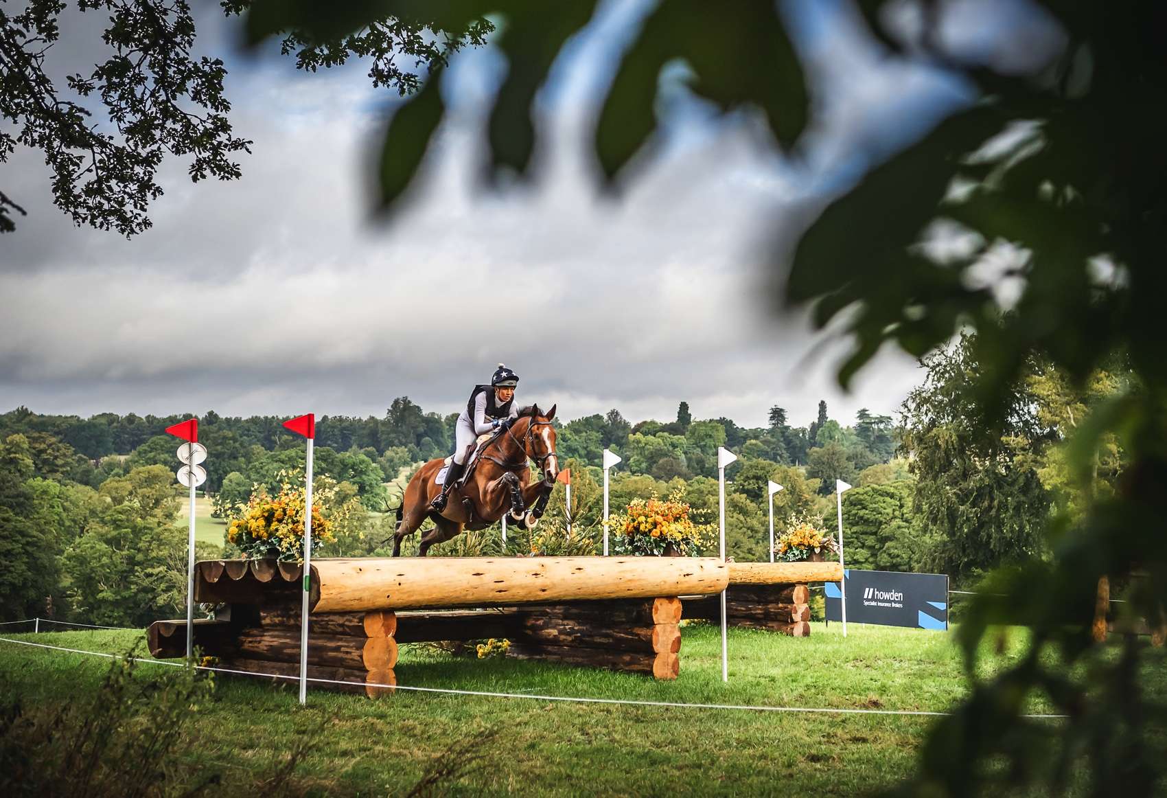 Cornbury House Horse Trials cross country course image of a rider jumping a log fence